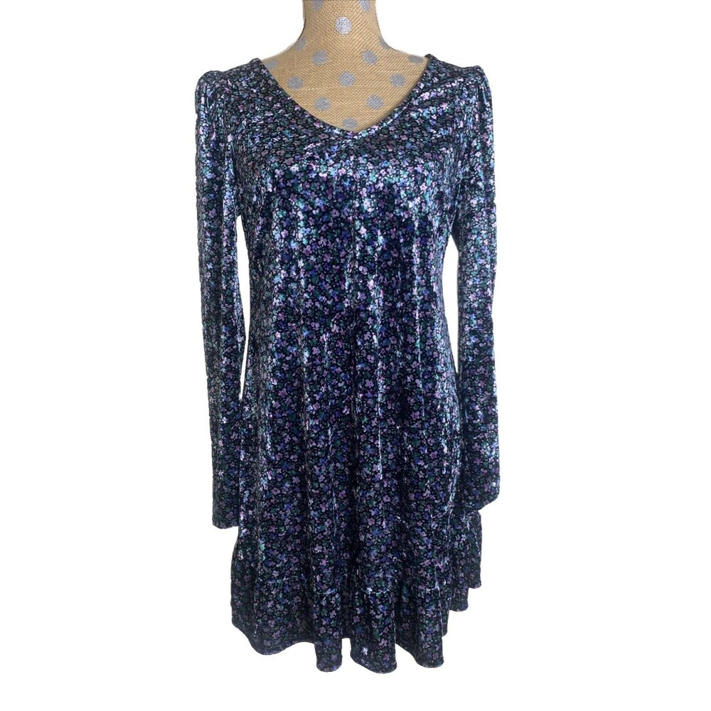 Wild Fable Women M Ditsy Floral Velvet Grunge Y2K Long Sleeve Drop Hem Dress